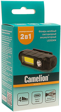 Фонарь налобный аккумуляторный Camelion LED53414 акк.3.7V LED 1W+COB 3W 4реж, Type-C, черн купить в СОМ